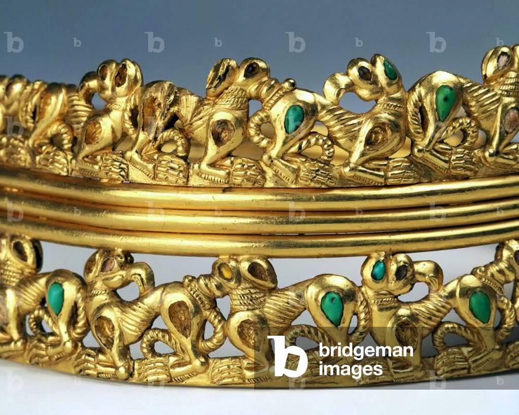 Ukraine: Sarmatian golden neck circlet, 1st century CE, studded with turquoise, coral and glass.