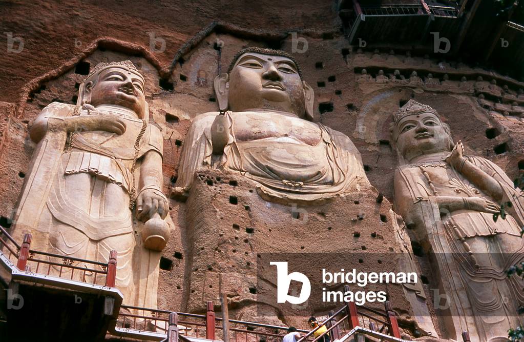 China: Buddhas first carved during the Sui Dynasty (581 - 618 CE), Maiji Shan Grottoes, Tianshui, Gansu Province