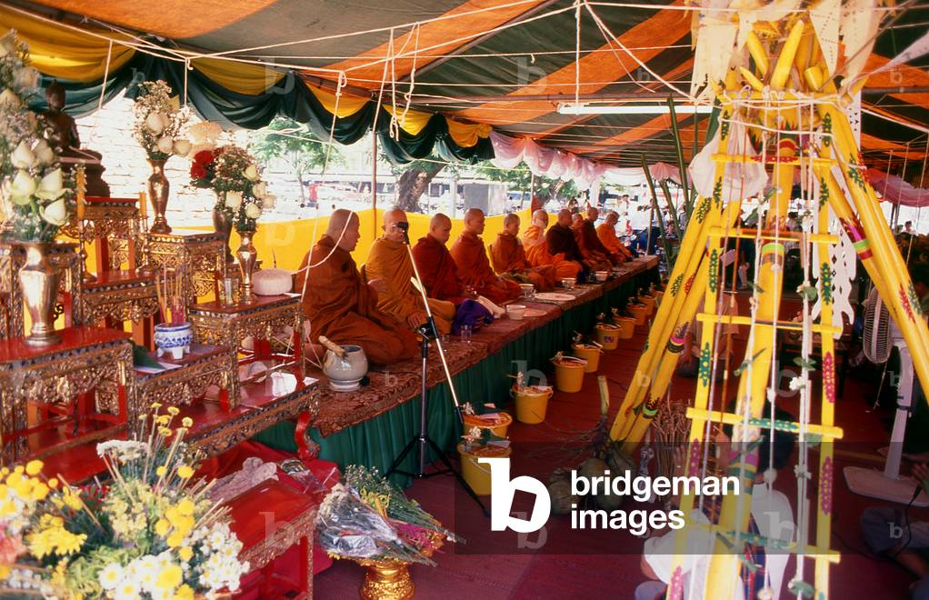 Thailand: Offerings made to Buddhist monks at an annual blessing ceremony next to Pratu Suan Dok (Suan Dok Gate), Chiang Mai