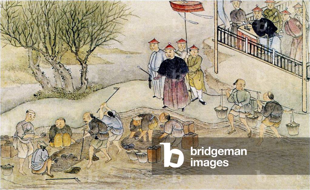 China: Commissioner Lin Zexu overseeing the destruction of opium at Canton (Guangzhou) in 1839 (print)