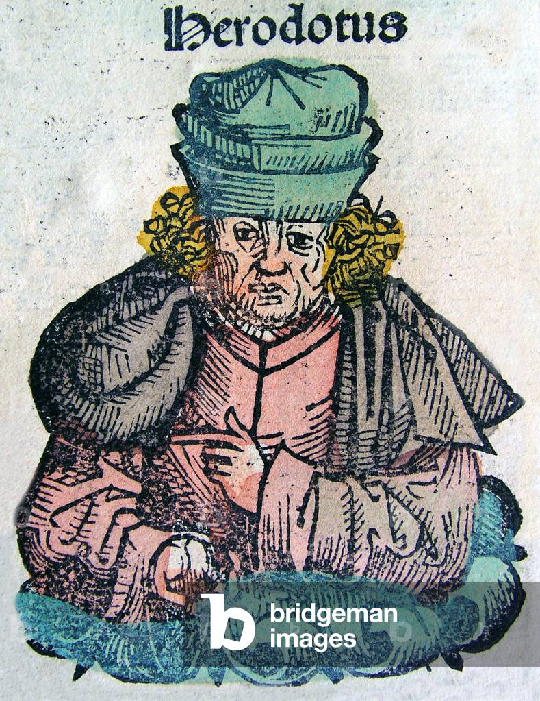Greece / Turkey: Herodotus, the 'Father of History', c. 484 - c. 425 BCE, as depicted in the Nuremberg Chronicle, 1493
