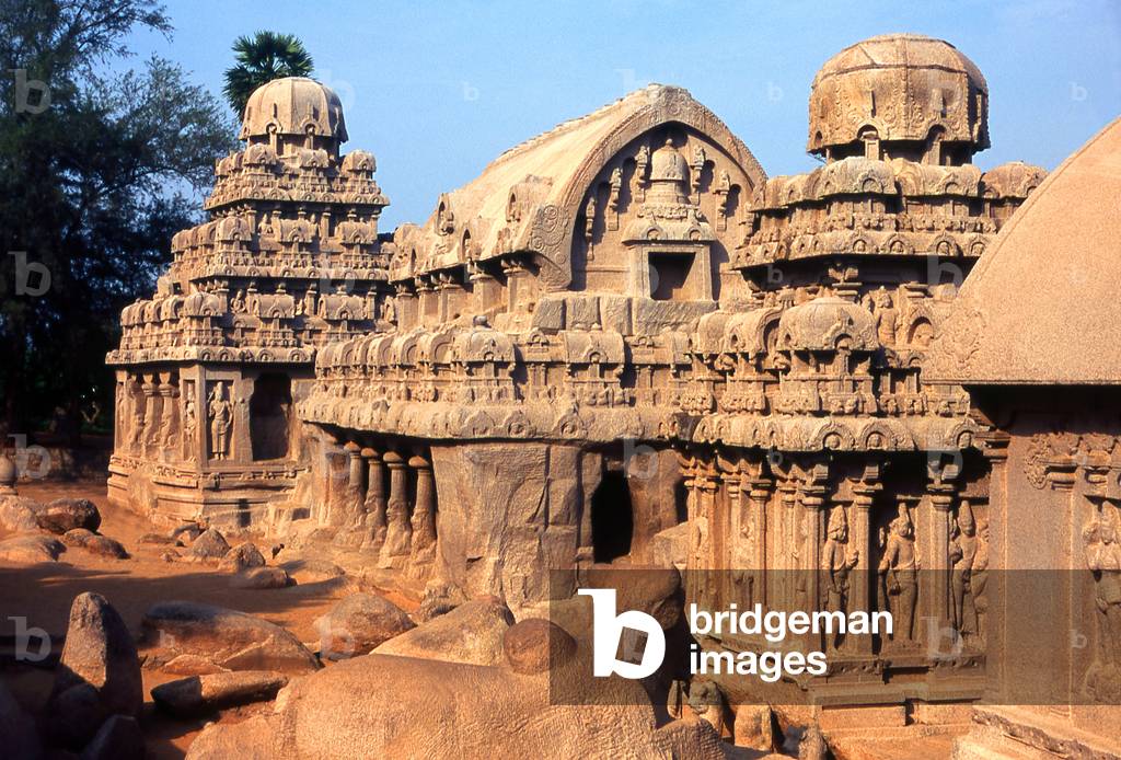 India: Dharmaraja Ratha (left), Bhima Ratha (centre) and Arjuna Ratha (right), three parts of the Pancha Rathas (Five Chariots), Mahabalipuram, Tamil Nadu