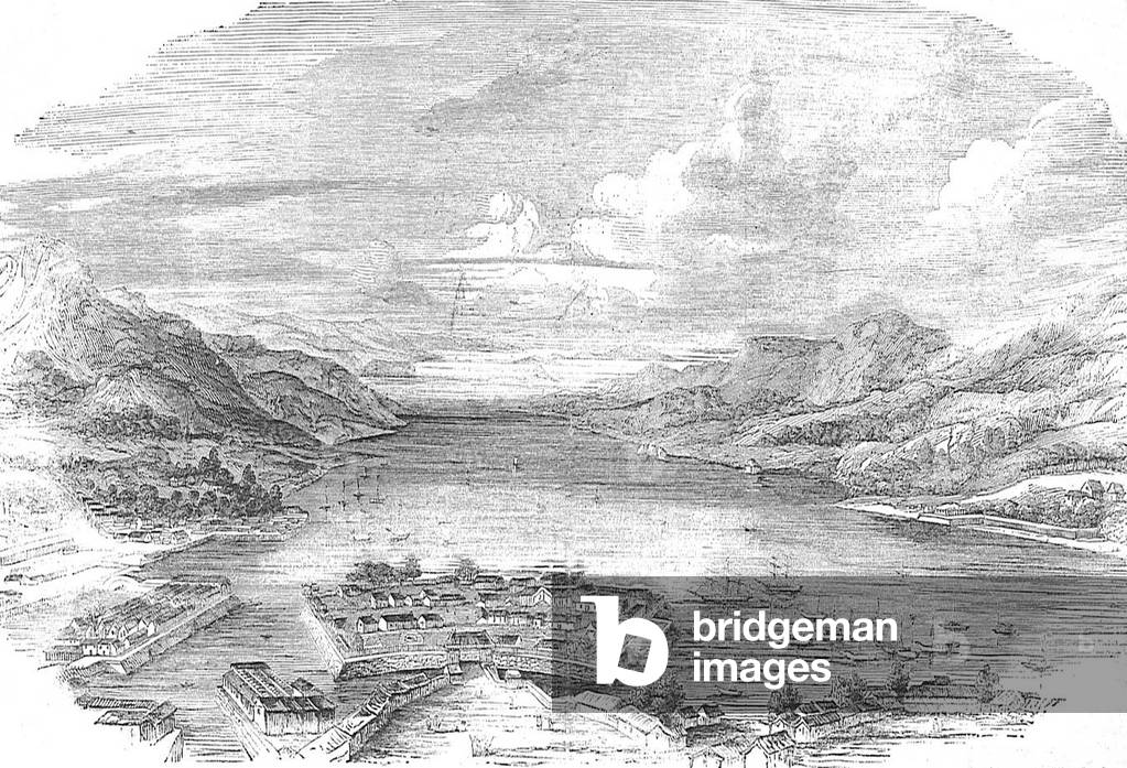 Japan: Nagasaki Harbour in 1853, showing Dejima Island (centre) and the nearby Chinese trading compound (left) separated from each other by a narrow ribbon of water.