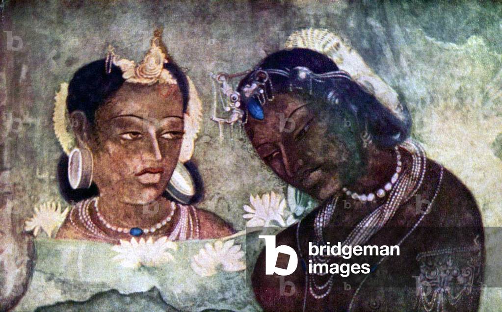 India: Mural at the Ajanta Caves showing two women, possibly a princess and maidservant.