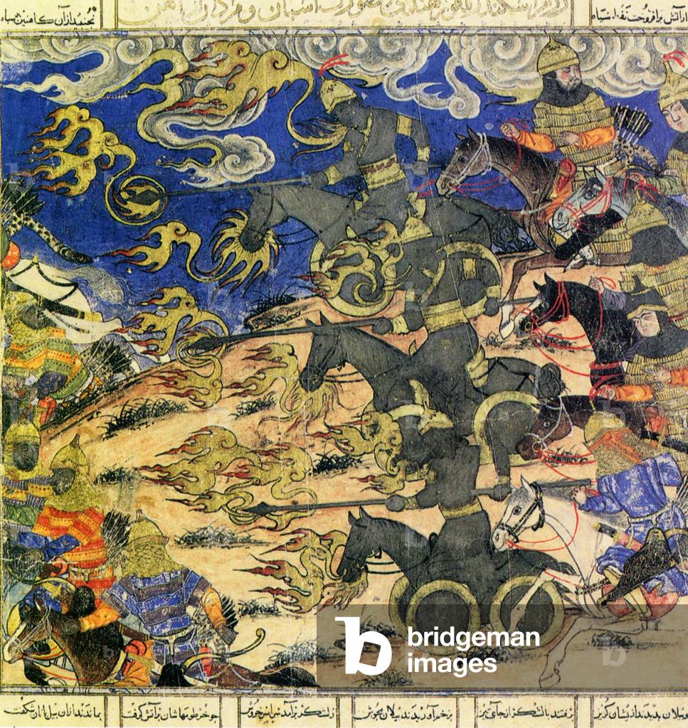 Iran/ Macedonia: The Iron Cavalry of Alexander the Great charge the enemy with chariots and fire-breathing horses in this 14th-century miniature painting from the Demotte version of the 'Shahnameh'.