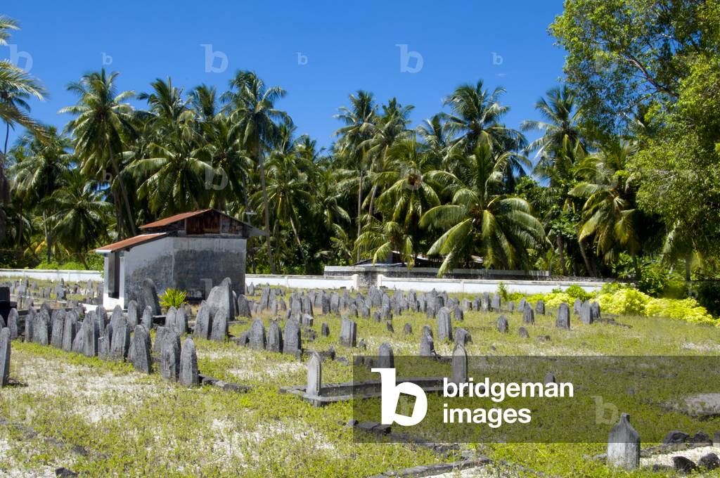 Maldives: Gravestones in the oldest cemetery (900 years old) in the country, Hulhumeedhoo Island, Addu Atoll (Seenu Atoll)