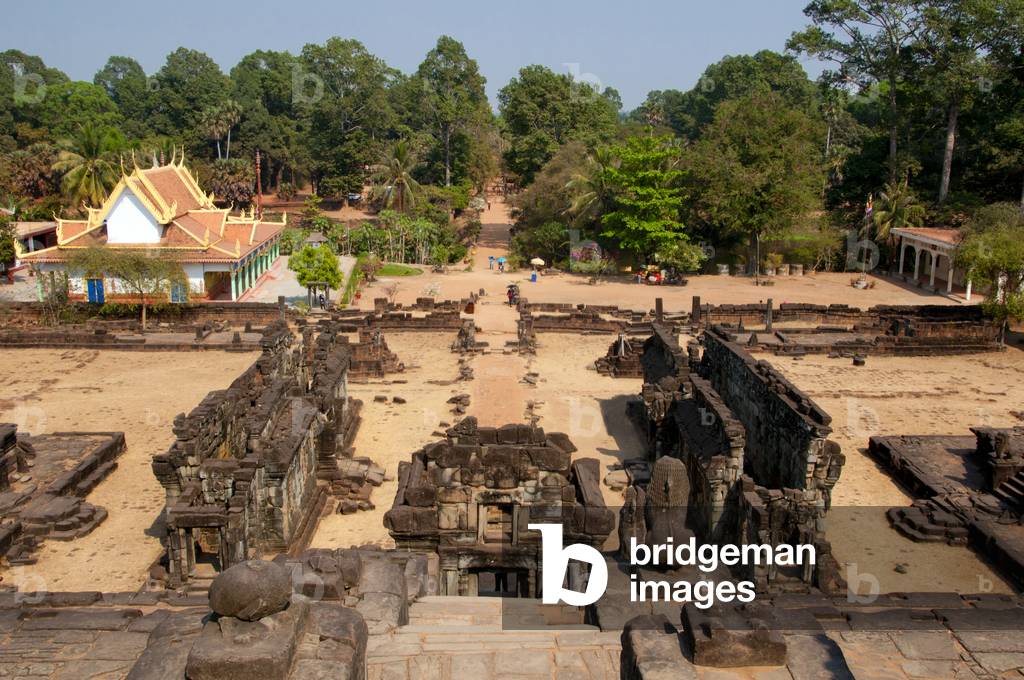 Cambodia: View from the central sanctuary towards the eastern approach, Bakong, Roluos Complex, Angkor