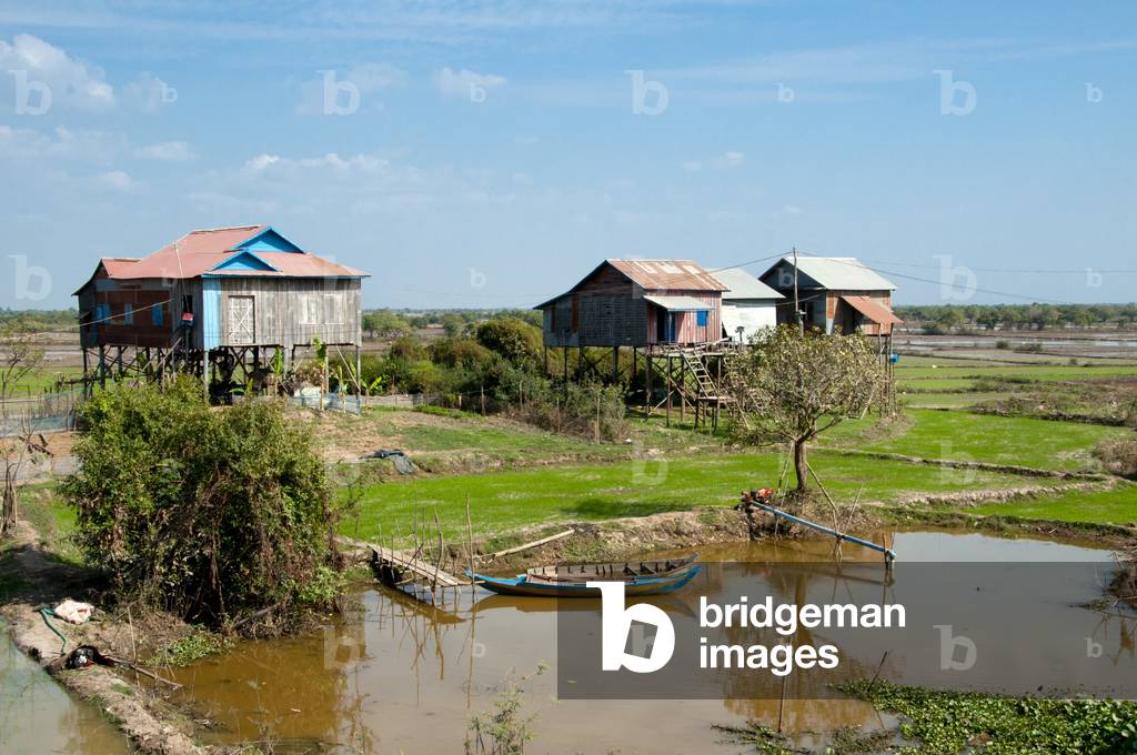 Cambodia: A blue-painted stilt house on Cambodia's central plains, a common sight across the country