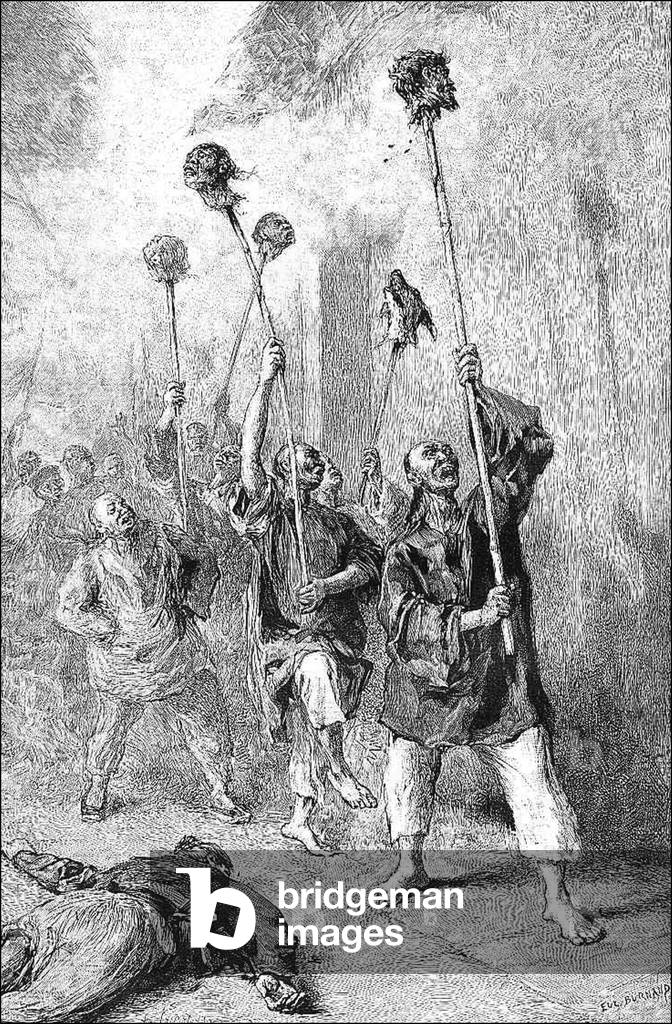 Vietnam / France: Tonkin Campaign - Chinese 'Black Flag' soldiers parading with the heads of their defeated foes on pikes (1884)