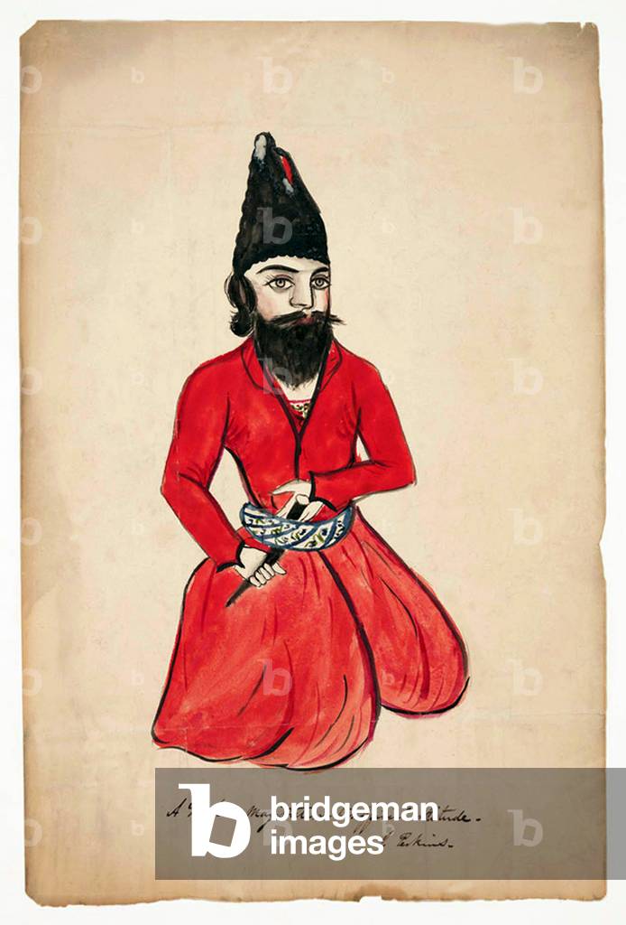 Iran: 'A Persian magistrate in his official attitude', sketch and watercolour by Justin Perkins, Urmia (1839)