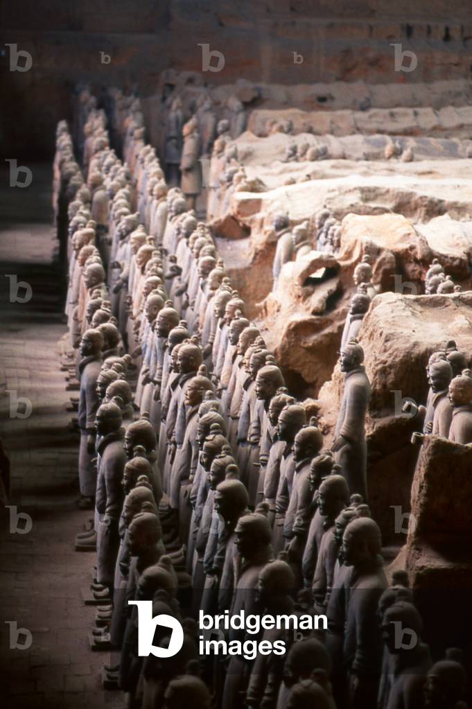 China: Warriors from the terracotta army guarding the tomb of Qin Shi Huang, first emperor of a unified China (r. 246-221 BCE), near Xi'an, Shaanxi Province