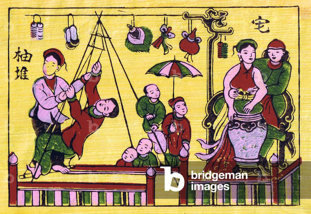 Vietnam: A village fair in Tonkin - traditional woodblock painting from Dong Ho village, Bac Ninh Province