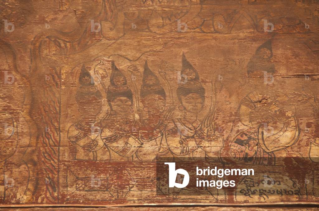 Thailand: Fading mural depicting 16th-century life on a wooden panel in Viharn Nam Taem, Wat Phra That Lampang Luang, northern Thailand