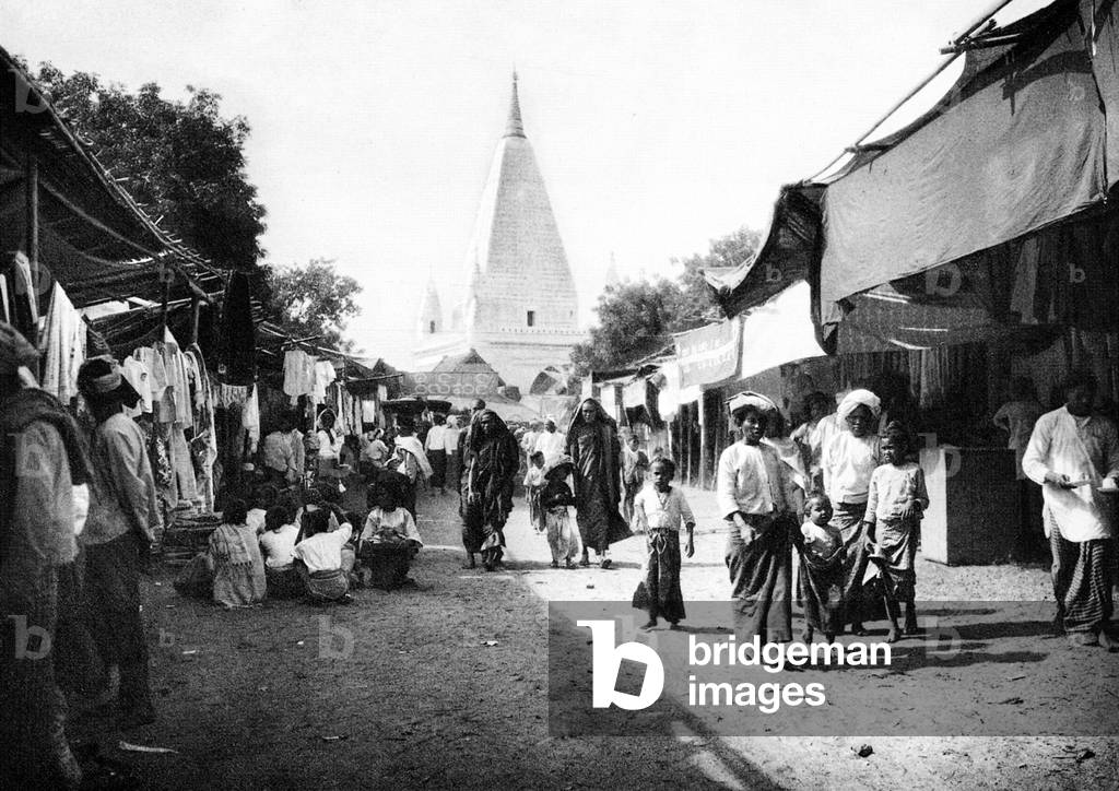 Burma/ Myanmar: The Mahabodhi temple overlooks a backstreet in Bagan, c.1920s.