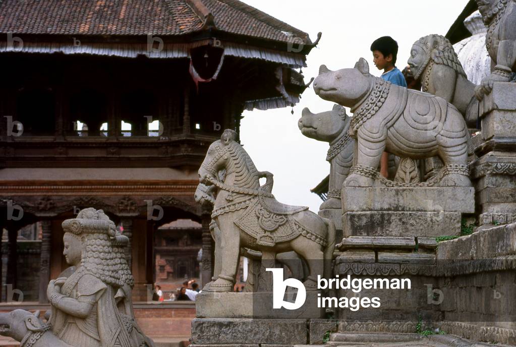 Nepal: Guardian statues at the 17th century Siddhi Lakshmi Temple in Durbar Square, Bhaktapur (1997)
