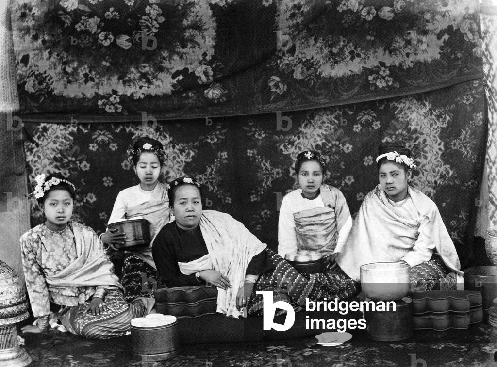 Burma / Myanmar: A well-to-do mother and daughter attended by three maids, late 19th century