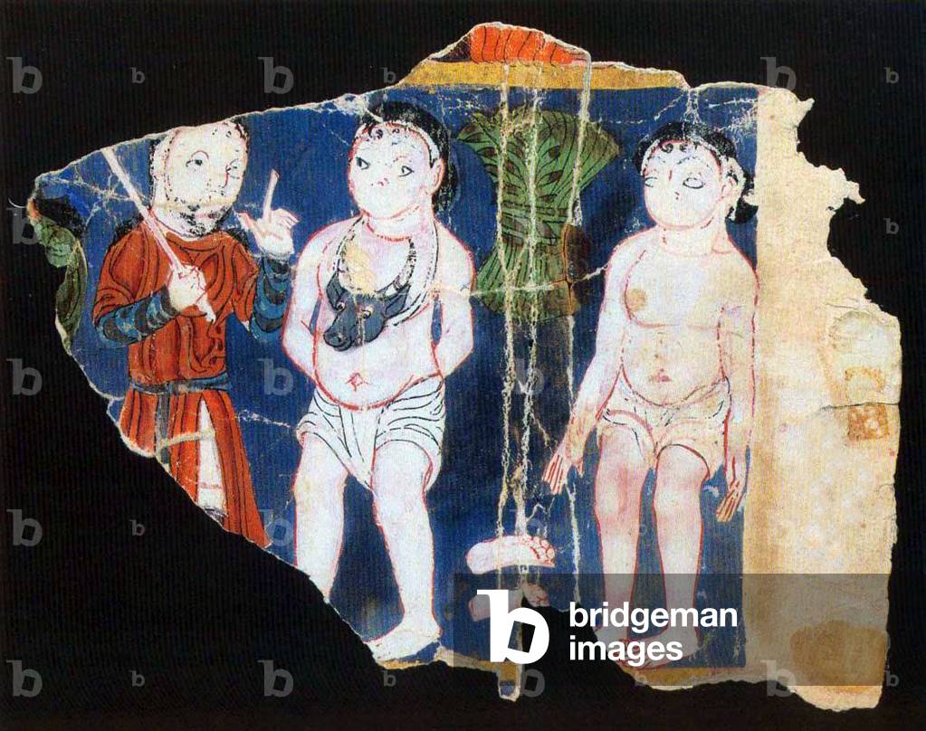 China: God admonishing Adam and Eve in a fragment of an illustrated Manichaean text. Xinjiang, c.8th-9th century.