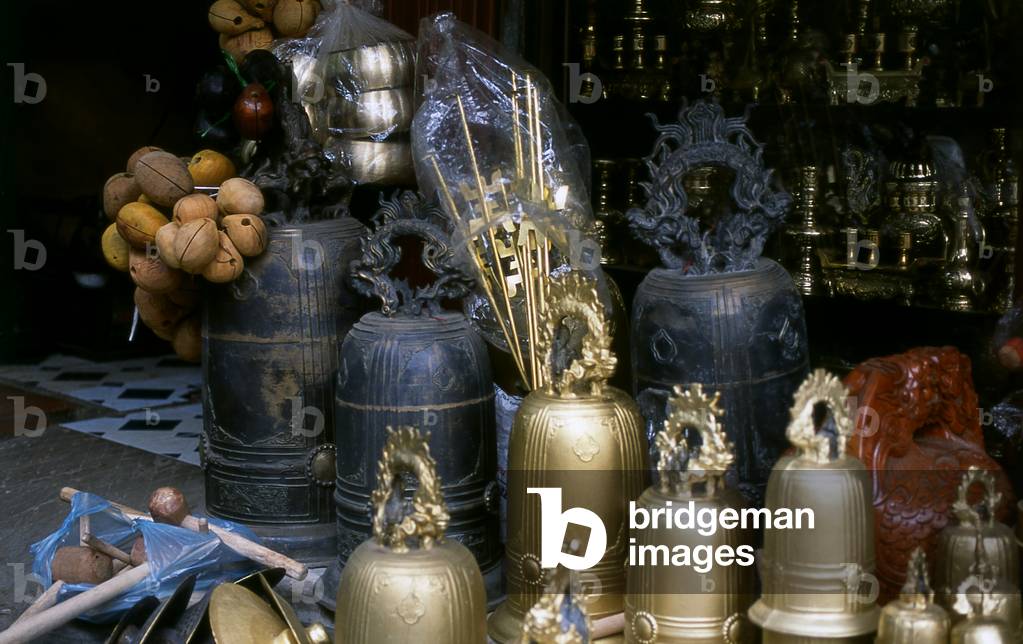 Vietnam: Temple bells for sale in a religious paraphernalia shop on Hang Dong (Copper Street) in Hanoi's Old Quarter