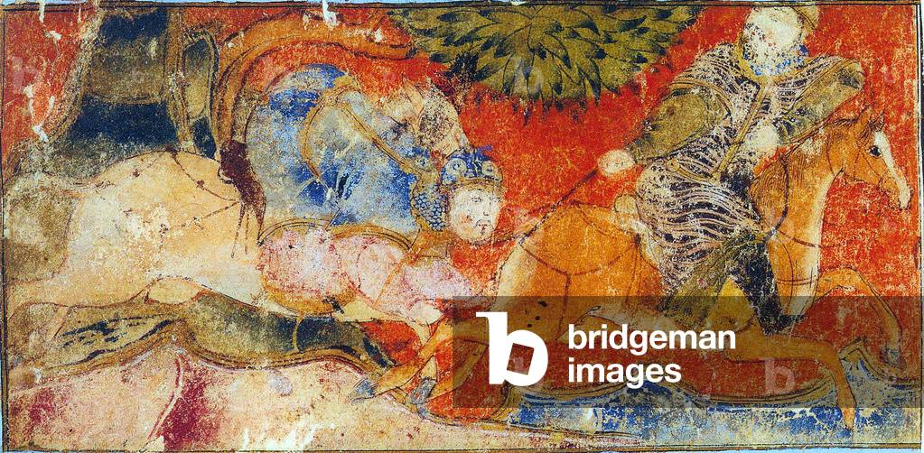 Iran / Persia: Rustam tears a Turkish rider - probably Kamus, a vassal of Afrasiab - off his horse. Illustration from an early 14th century Shahnameh, Isfahan