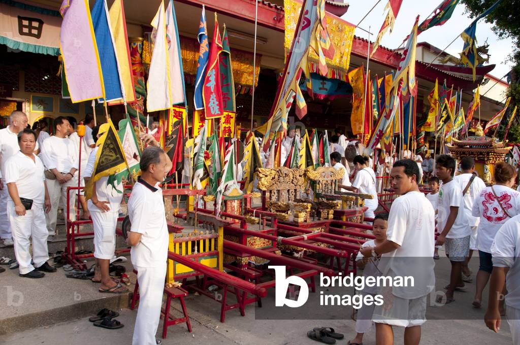 Thailand: The gods' palanquins lined up at San Chao Bang Niew (Chinese Taoist temple), Phuket Vegetarian Festival