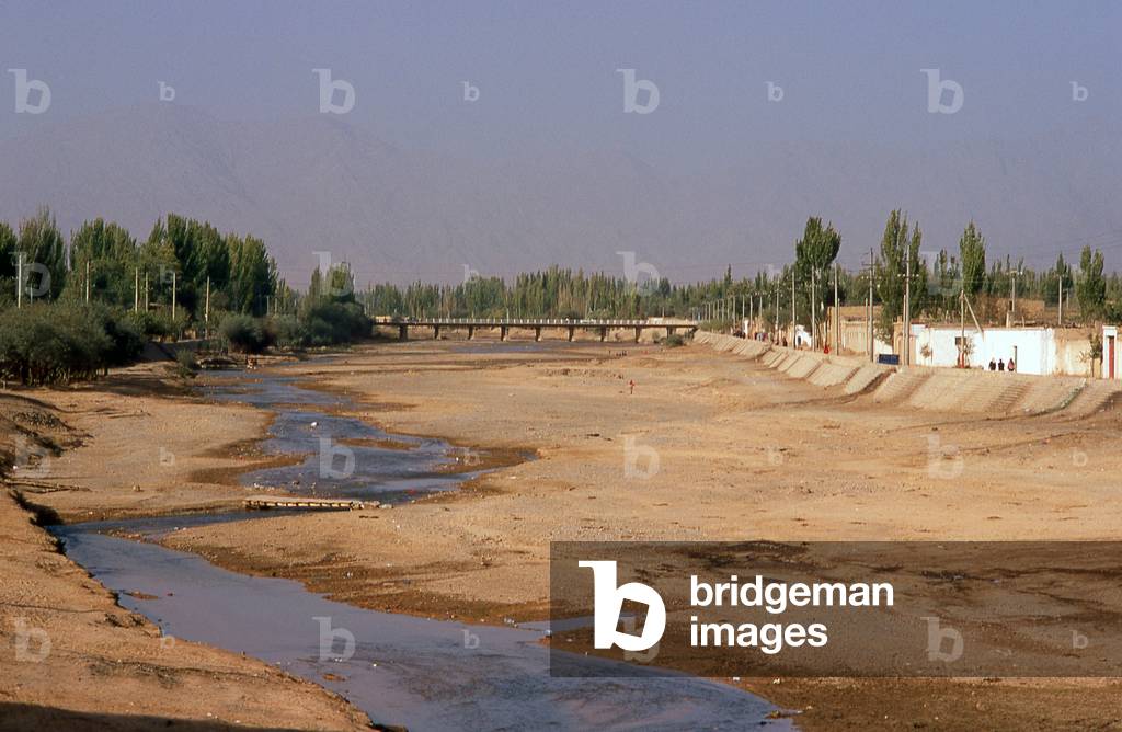 China: Dried river bed, Kuqa River, Old Kuqa, Xinjiang Province