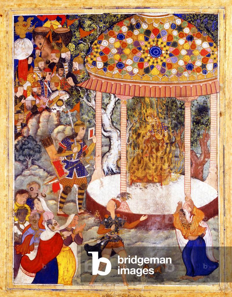 Iran / Persia / India: A scene from the Hamzanama where Hamza ibn 'Abd al-Muttalib Burns Zarthustra's Chest and Shatters the Urn with his Ashes. Delhi, c.1570