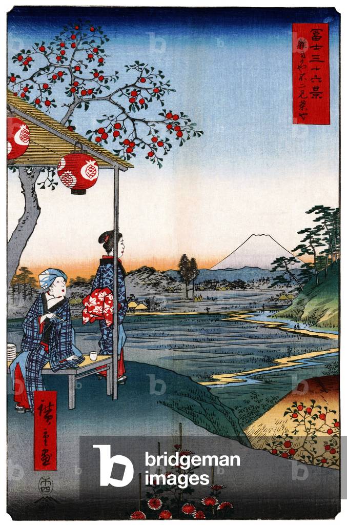 Japan: Teahouse with View of Mt. Fuji at Zoshigaya . Image 9 of '36 Views of Mount Fuji. Utagawa Hiroshige (portrait / vertical edition first published 1858)