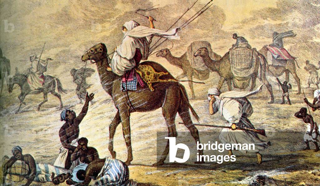 North Africa: Arab camel caravan caught in a sandstorm in the central Sahara, 19th century painting