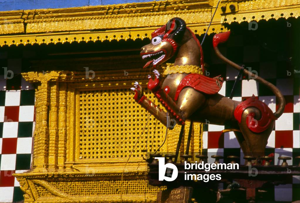 Nepal: Lion statues guarding the entrance to the Akash Bhairav Temple, Indra Chowk, Kathmandu, 1995