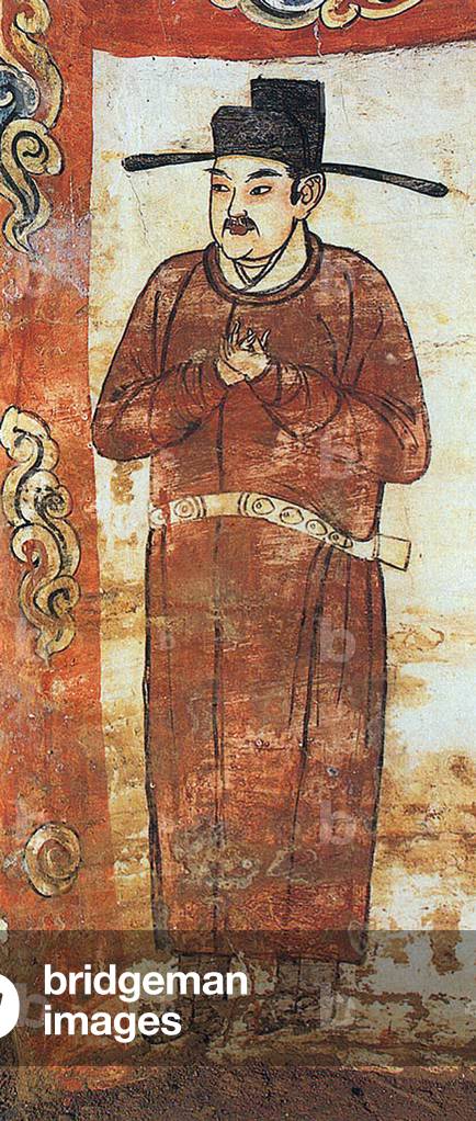 China: A door guardian. Mural in the tomb of Zhang Kuangzheng, Xuanhua, Hebei, Liao Dynasty (1093-1117).