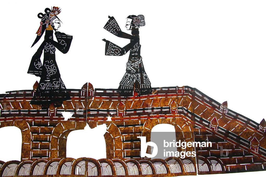 China: Shadow puppets of two women on a bridge, Northeast China, 20th century