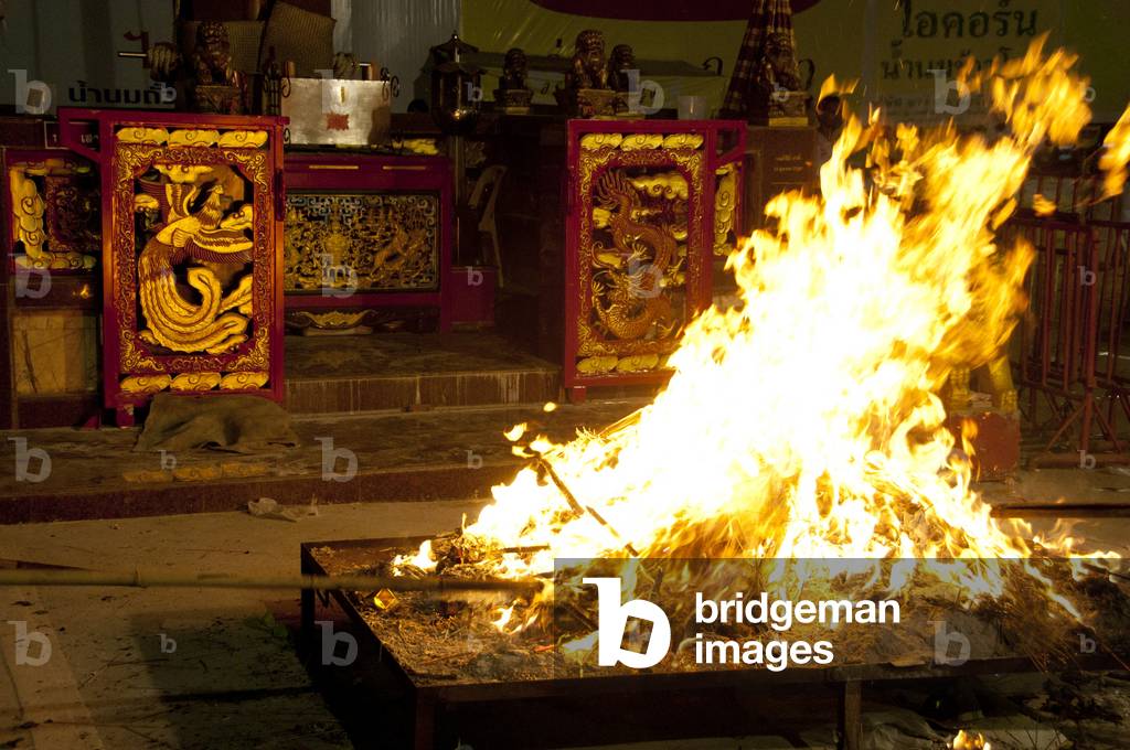 Thailand: A funeral pyre for lucky paper flags at San Chao Bang Niew (Chinese Taoist temple), Phuket Vegetarian Festival