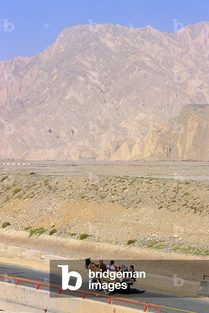 China: Horse-drawn cart next to the Subashi Ancient City (Subashi Gucheng), Kuqa, Xinjiang Province