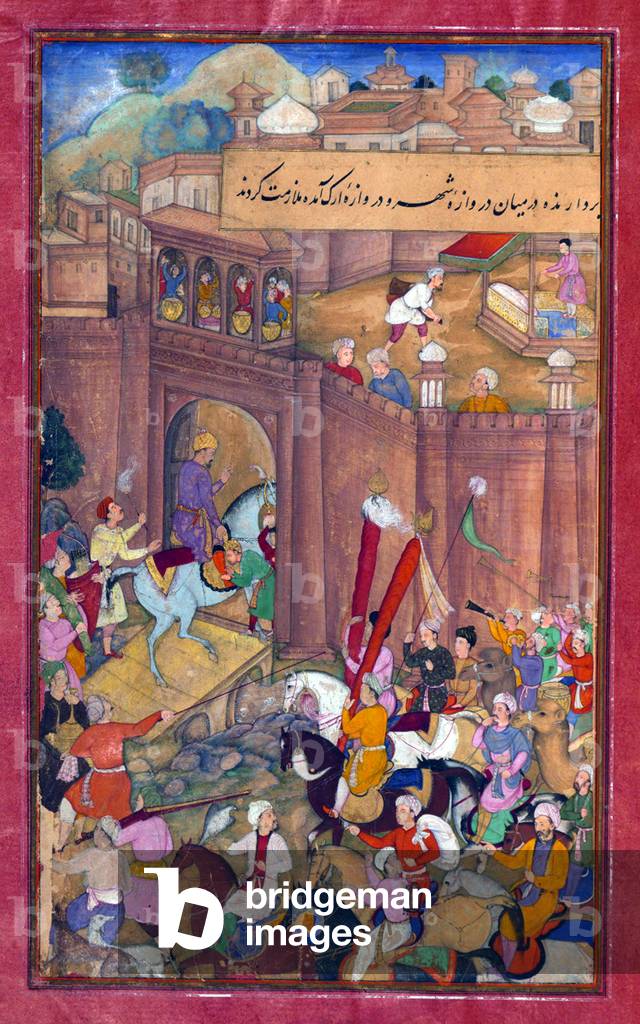 India: Scene from the Baburnama. Zahir ud-din Muhammad Babur (1483-1531) the first Mughal Emperor, is welcomed to Kabul by Qāsim Beg, the city qadi, along with his retinue