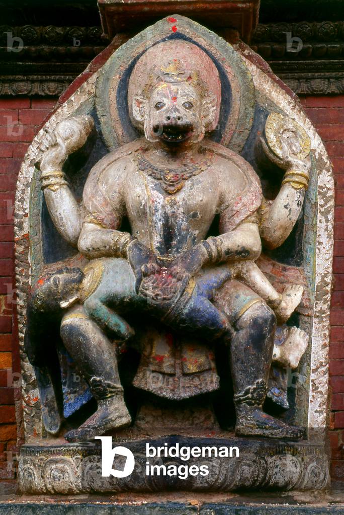 Nepal: The Hindu god Narasimha (half-man, half-lion avatar of Vishnu) destroying the demon king Hiranyakashipu, Kathmandu Valley