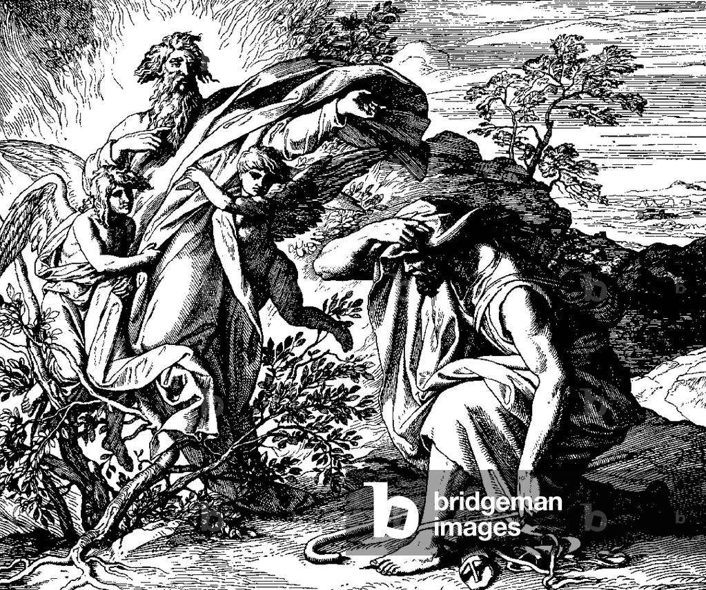 Egypt / Germany: Moses and the Burning Bush. Woodcut by Julius Schnorr von Carolsfeld, 1860