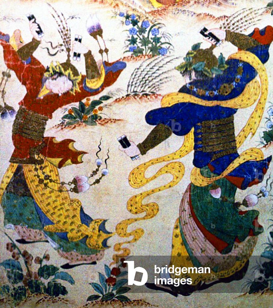 Central Asia: Detail of Central Asian dancing girls in the procession of a Chinese princess on her way to marry a Turkic ruler. Siyah Kalem School, 15th century