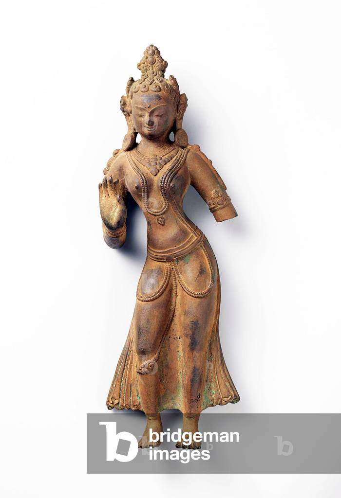 Nepal: Standing image of the Goddess Tara, right hand raised in abhaya mudra gesture, bronze, 16th century