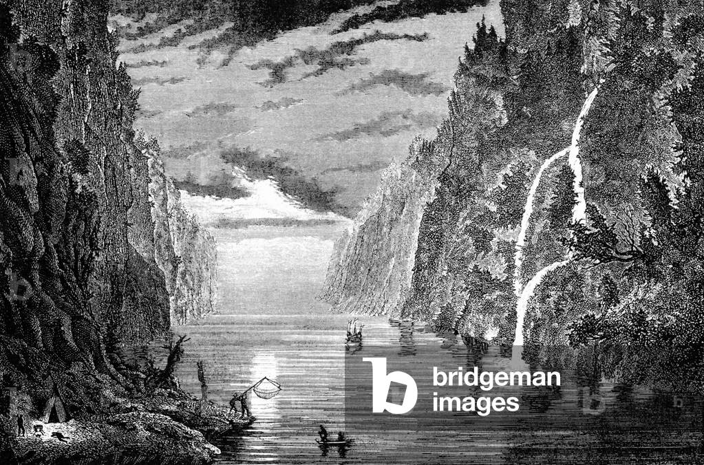 China: Sailing by night through the gorges of I-tchang on the Yangtse River, as drawn by Louis Delaporte in 1868.