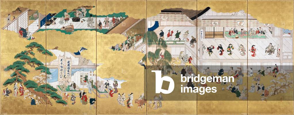 Japan: Scenes from the Nakamura Kabuki Theatre, one from a pair of six-panel <i>byobu</i> folding screens; ink and color on gold-leafed paper, Moronobu Hishikawa (1618-1694), c. 1670-1680