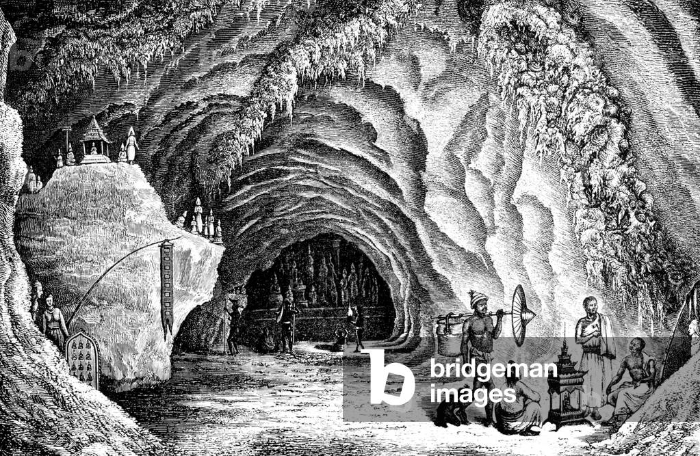 Laos: The famous Pak Ou Cave, 25km northwest of Luang Prabang on the Mekong River, illustrated by French expeditioner Louis Delaporte in May 1867.