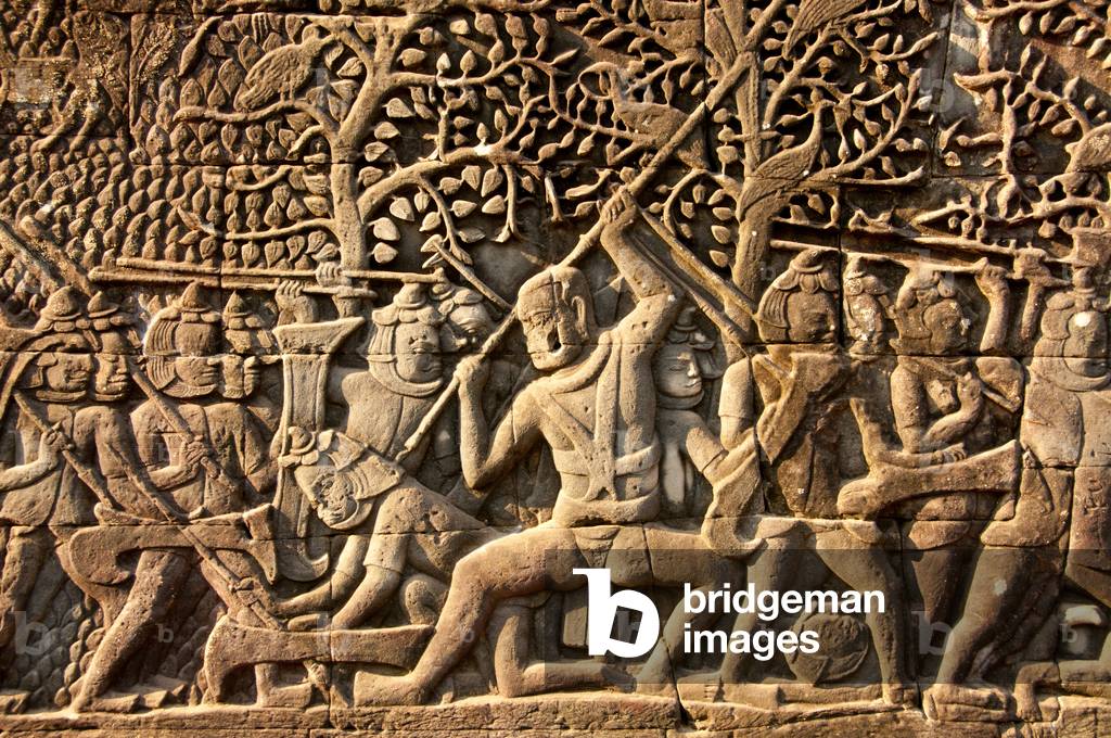Cambodia: The Khmer defeat the Cham, bas-relief Southern Wall, The Bayon, Angkor Thom, Angkor