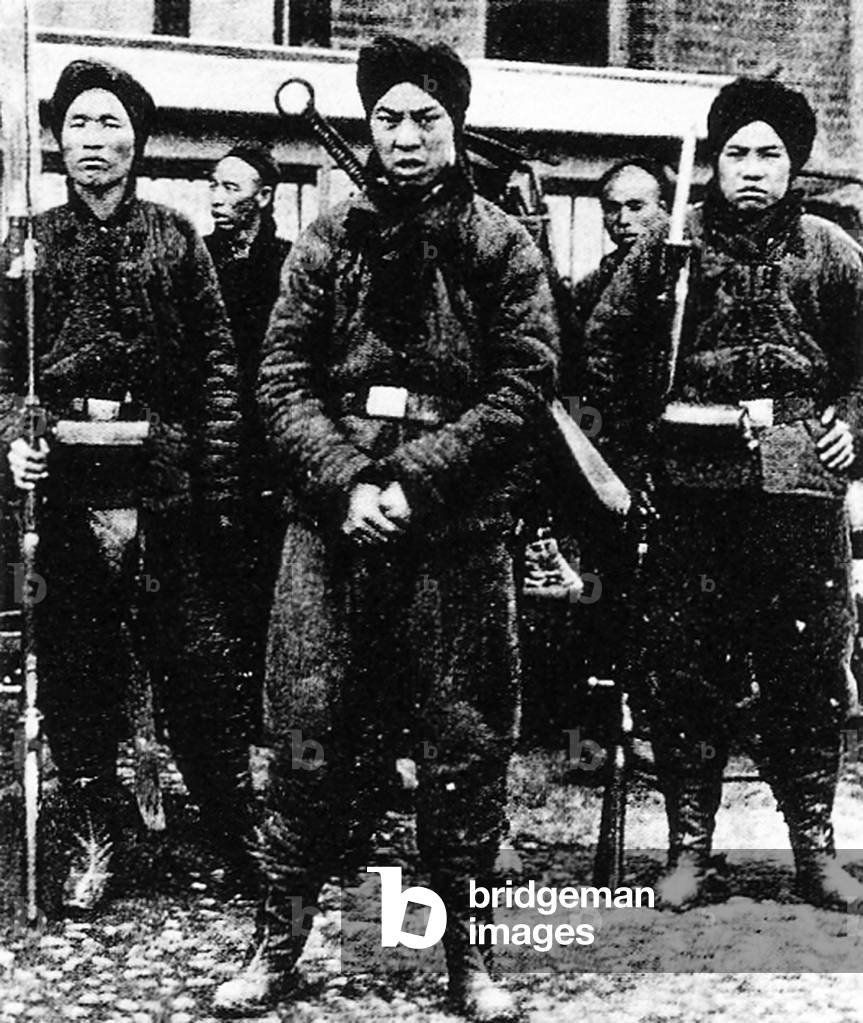 China: Boxer soldiers at Beijing, 1899-1900 (b/w photo)