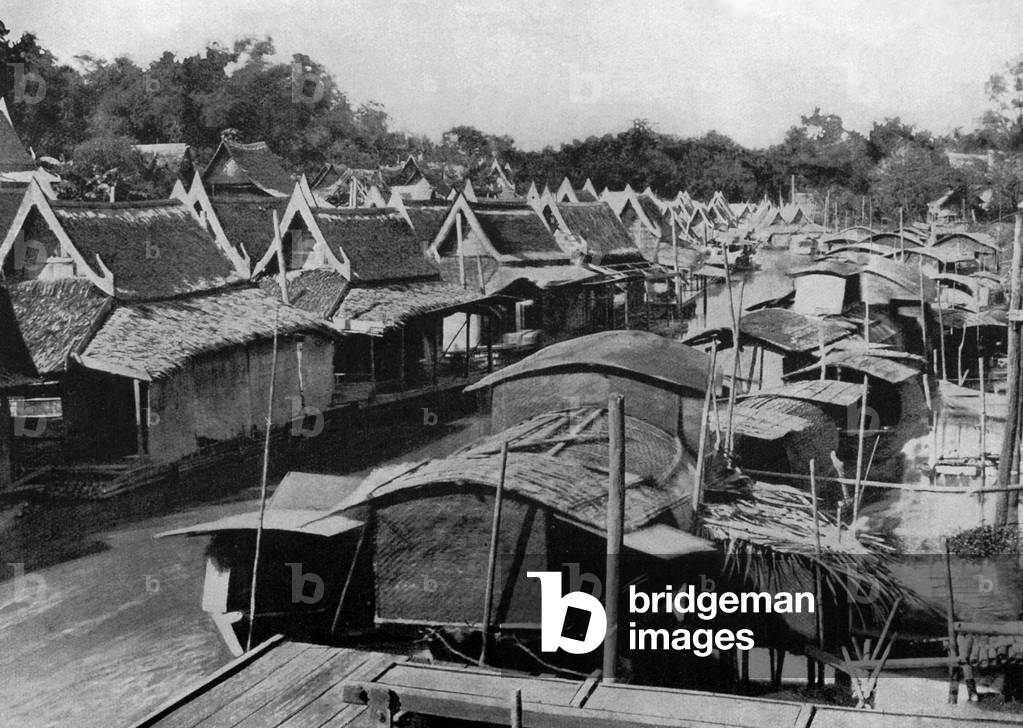 Thailand: Houseboats float on bamboo rafts in Ayutthaya, c. 1900.