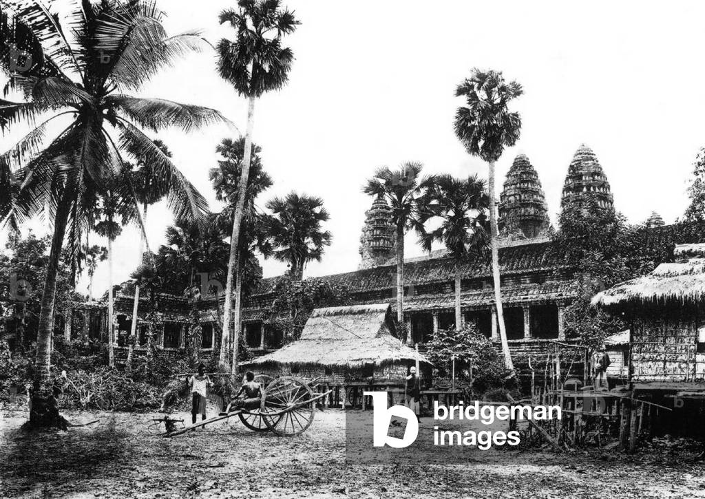 Cambodia: Sugar palms, stilt dwellings and an ox cart at Angkor Wat, 1909
