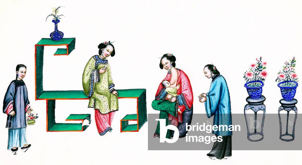 China: Domestic scene in a well-to-do household. Qing Dynasty watercolour painting by an anonymous artist, mid to late 19th century