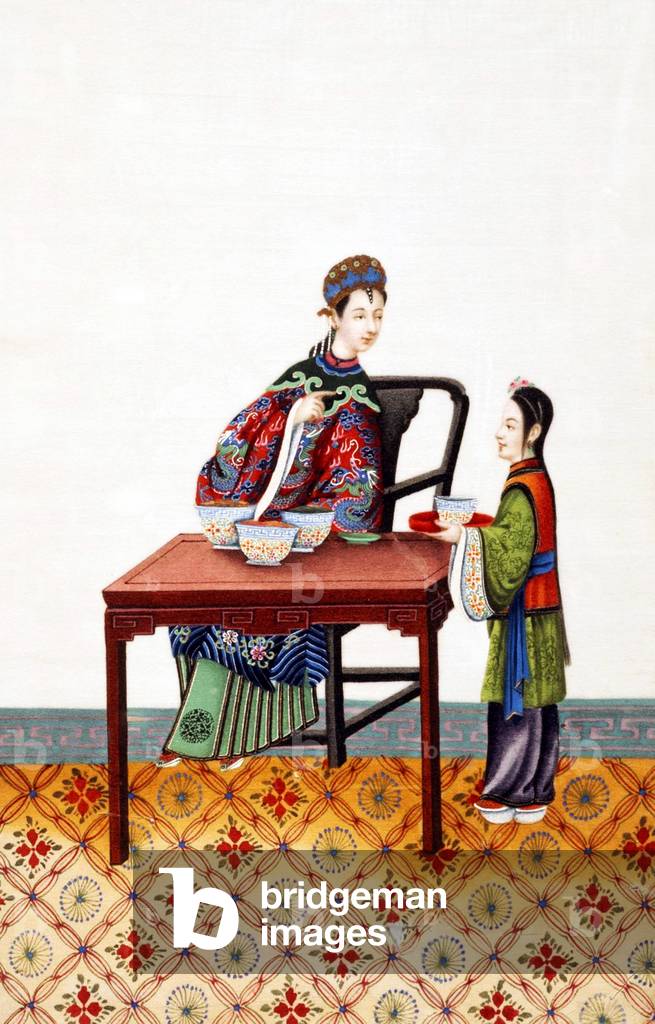 China: Hand-painted representation of mistress and servant in 19th century Qing Dynasty high society