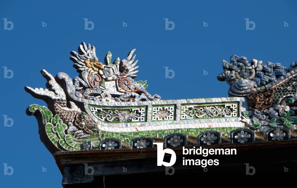 Vietnam: Roof detail at the Royal Library within the Purple Forbidden City, The Imperial City, The Citadel, Hue