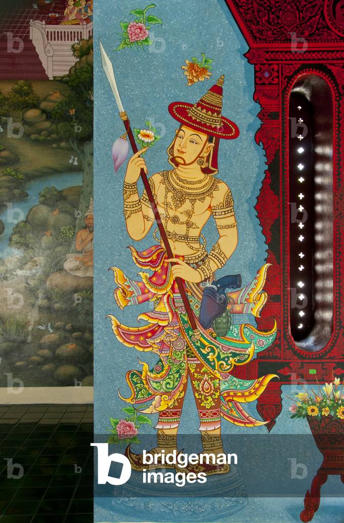 Thailand: Controversial mural of an Ayutthaya-era soldier holding a spear with a pistol and hand grenade, Lak Muang (City Pillar shrine) Wat Chedi Luang, Chiang Mai. The modern weapons were painted over and replaced with traditional weapons in July, 2014