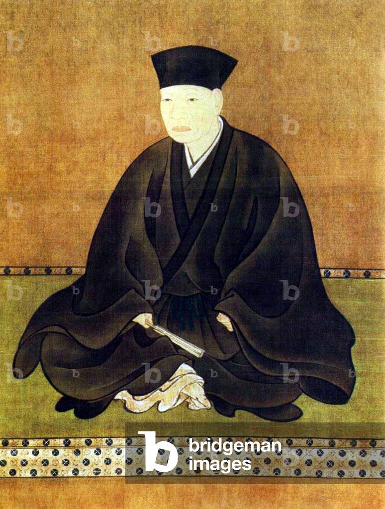 Japan: Sen No Rikyu, 16th century Japanese Tea Master (1522-1591). Portrait by Tohaku Hasegawa (1539-1610), calligraphy by Soen Shunoku (152-1611).
